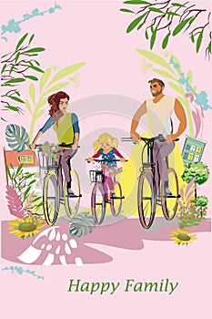 Happy family of father, mother and children outdoors amoung green nature and flowers. Riding the bicycles.